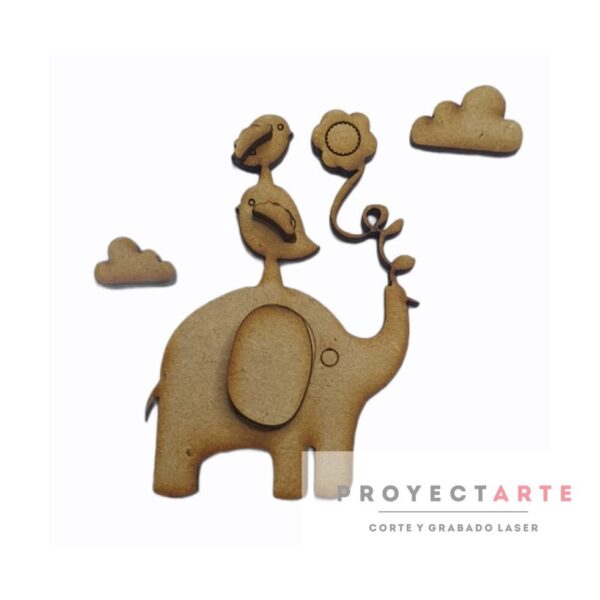 Elefante con flor y pajaritos 3d