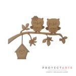 Rama con casita y pareja de búho